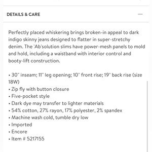 Wit & Wisdom Size 20W Ab Solution Stretch skinny jeans